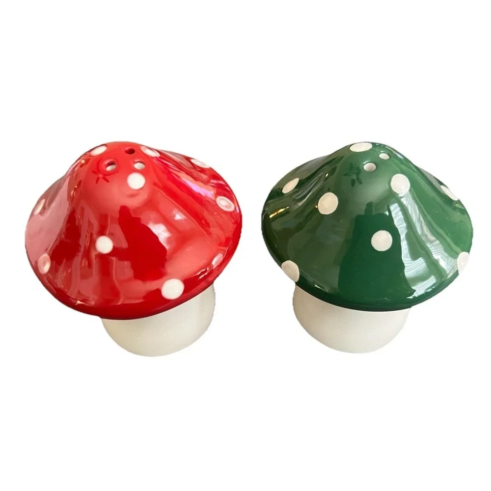 Ceramic Mushroom Salt & Pepper Shaker Set Pink & Green Polka Dot 2.75